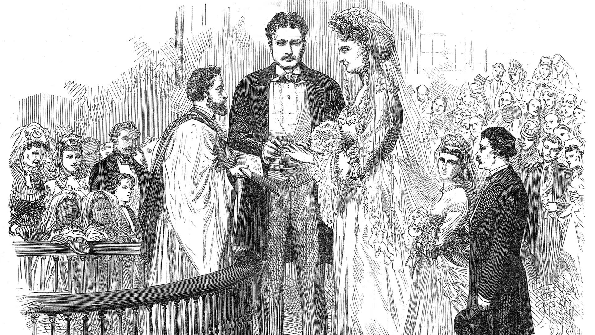 Ilustración de época del casamiento entre Martin Van Buren Bates y Ann Haining. Las ceremonia fue en Londres en 1871 y ellos mantienen el récord de la pareja casada más alta de la historia con 4,78 metros combinados (Grosby)