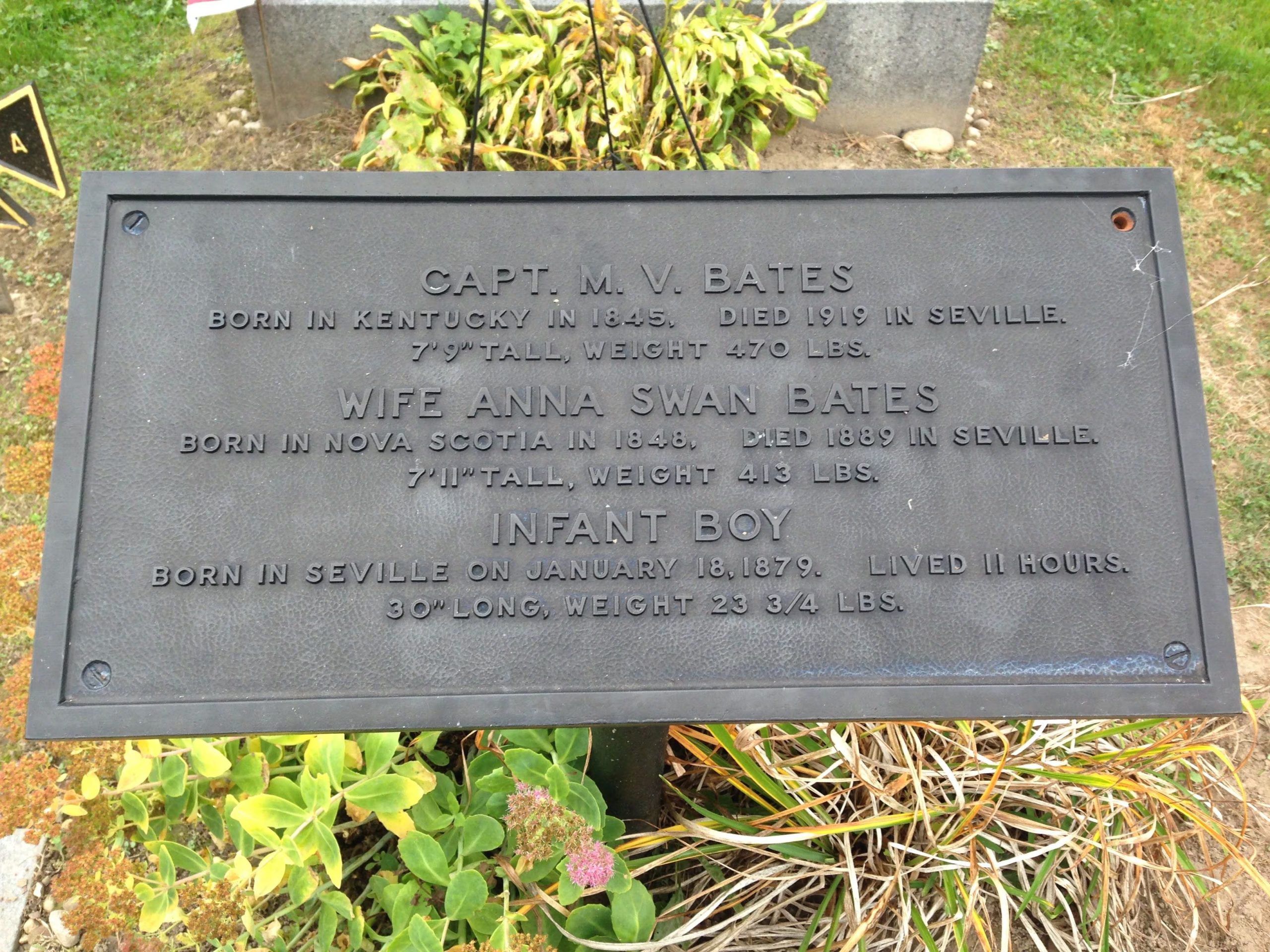 La lápida del cementerio donde descansan los restos del capitán Martin Van Buren Bates, su esposa Anna Haining Bates y su hijo que murió recién nacido. Allí se resalta la altura de los tres 