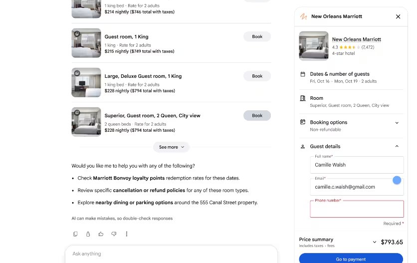 El Modo IA de Google asiste el pago de la reserva del hotel. (Google)