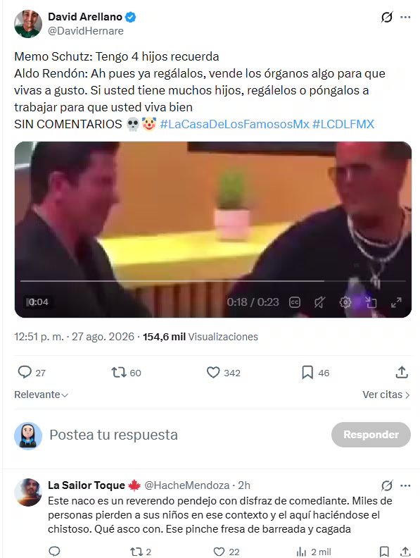Una publicación en la red social X difunde declaraciones de Aldo Rendón y registra comentarios críticos de usuarios. (X)