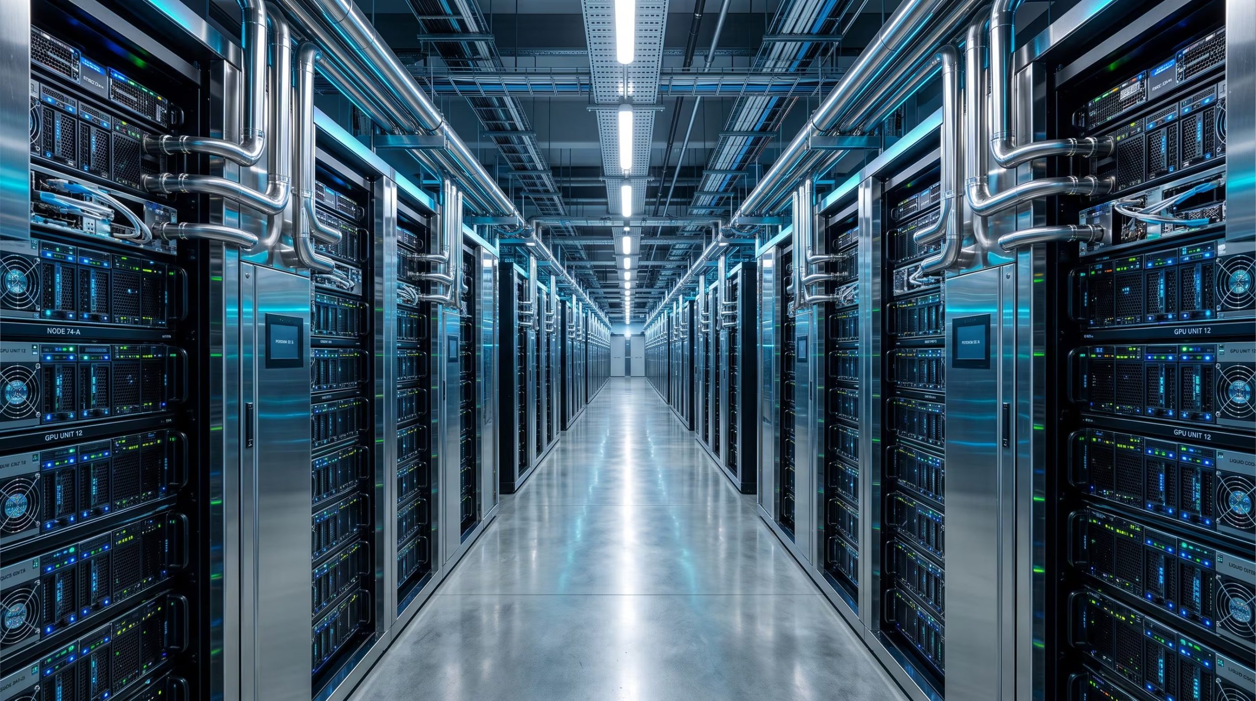 Pasillo de servidores de inteligencia artificial con sistemas de refrigeración líquida (Imagen Ilustrativa Infobae)