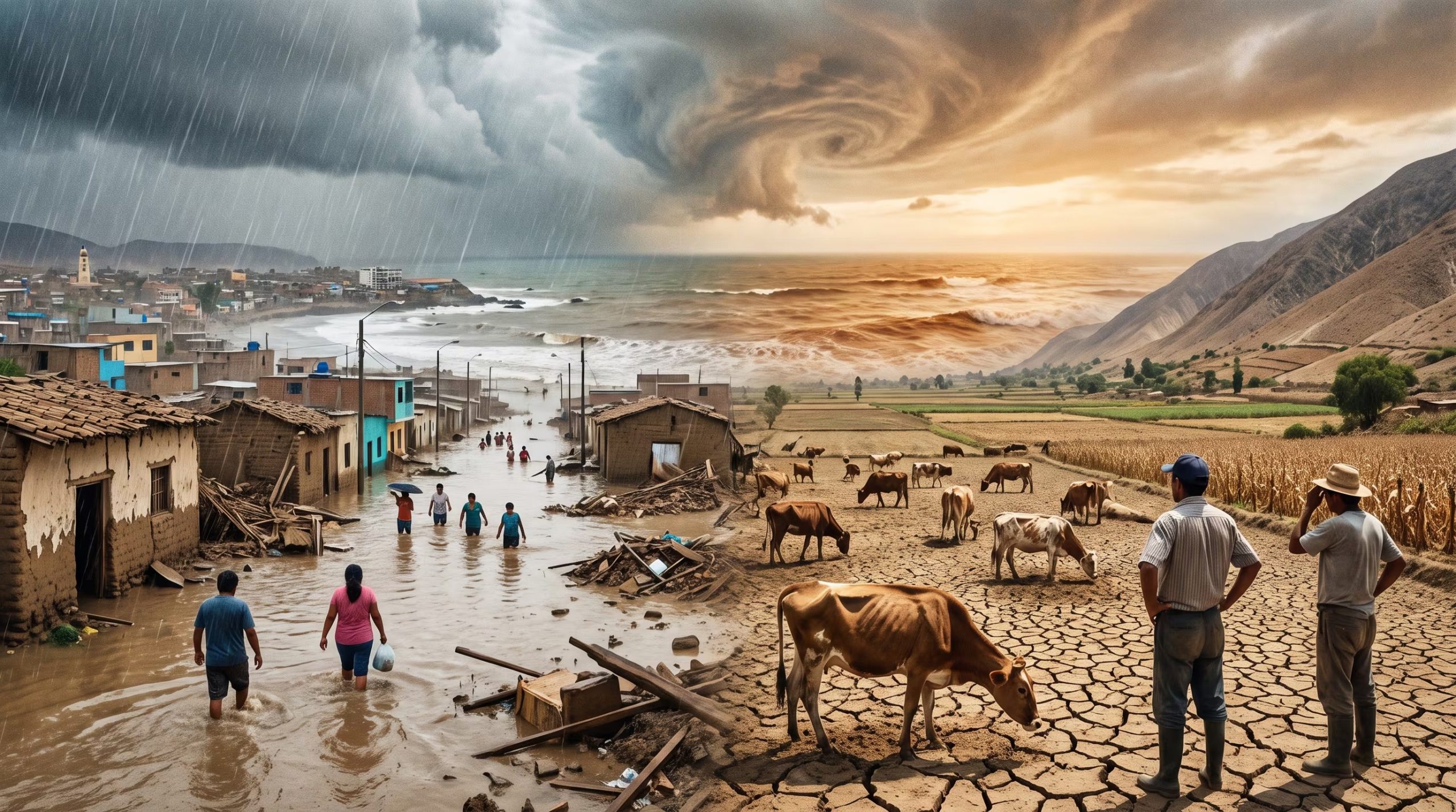 El fenómeno El Niño provoca intensas lluvias e inundaciones en una zona costera de Perú y sequía en un área agrícola, afectando a las comunidades y sus actividades económicas. (Imagen Ilustrativa Infobae)