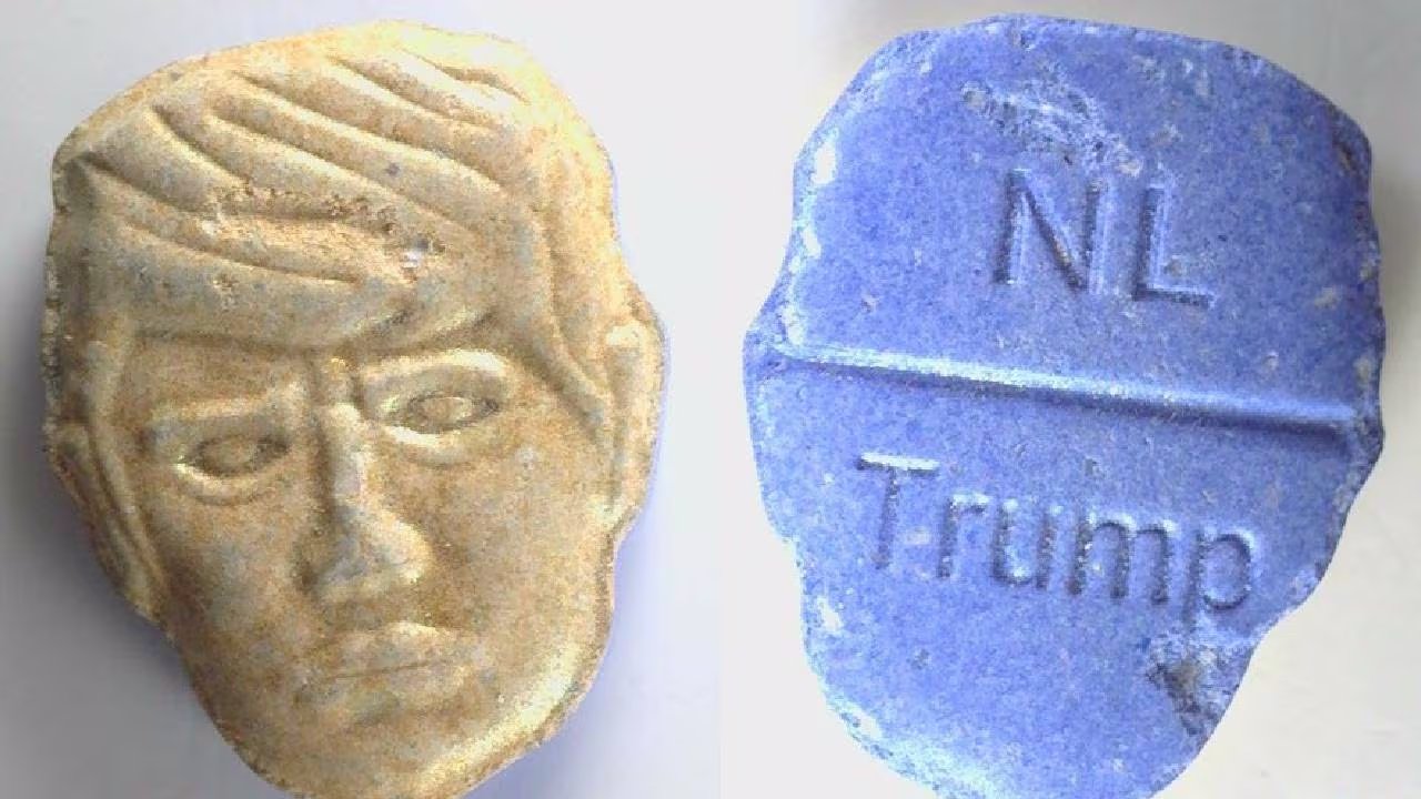 Las pastillas de éxtasis detectadas en los Países Bajos tienen dos variantes, una con fondo verde y otra amarilla, y ambas llevan la marca Trump y NL en el reverso. (Trimbos Institute)