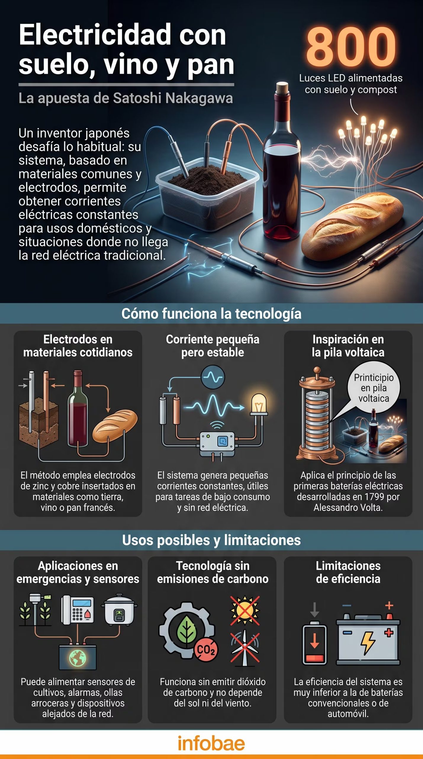 La infografía explica el método del inventor japonés Satoshi Nakagawa para generar electricidad con suelo, vino y pan, alimentando 800 luces LED en Japón (Imagen Ilustrativa Infobae)