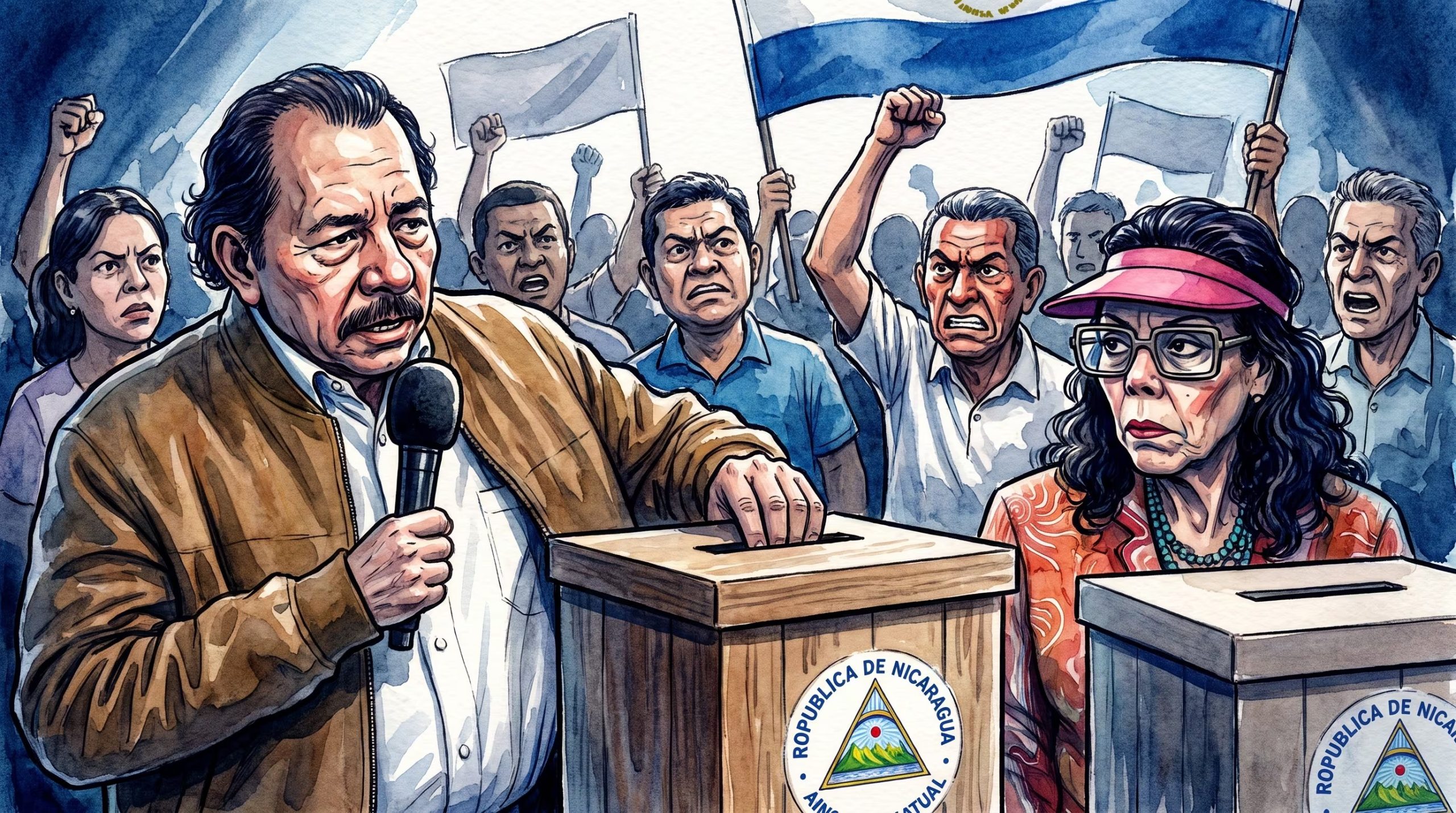 Una caricatura política muestra a Daniel Ortega y Rosario Murillo junto a urnas de votación, mientras ciudadanos en el fondo levantan pancartas de protesta. (Imagen Ilustrativa Infobae)