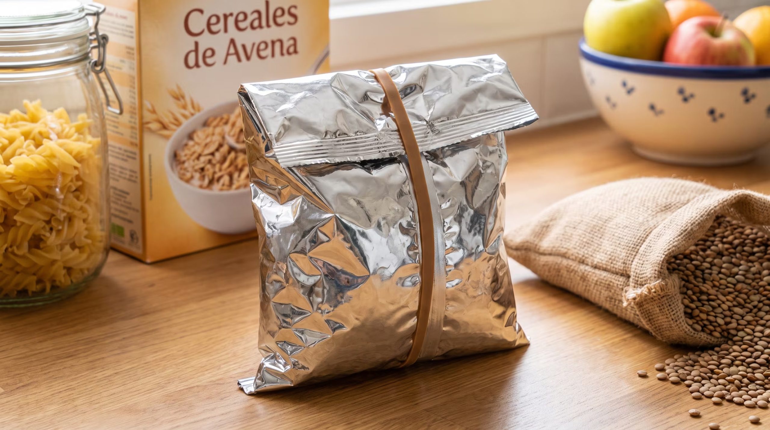 Enrollar la parte superior de paquetes y ajustarla con una gomita mejora el cierre de snacks y cereales. (Imagen Ilustrativa Infobae)