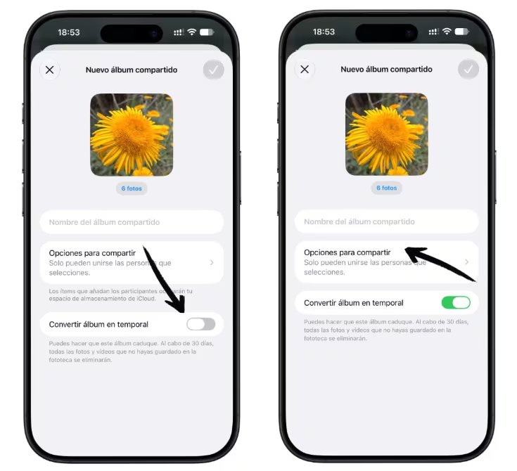 Los álbumes temporales no consumiran espacio de iCloud. (Applesfera)
