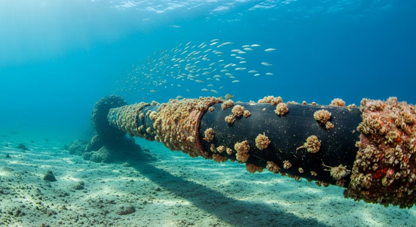 Un cable submarino de internet descansa sobre el lecho marino, parcialmente cubierto por organismos, mientras un cardumen de peces nada sobre él. (Imagen Ilustrativa Infobae)