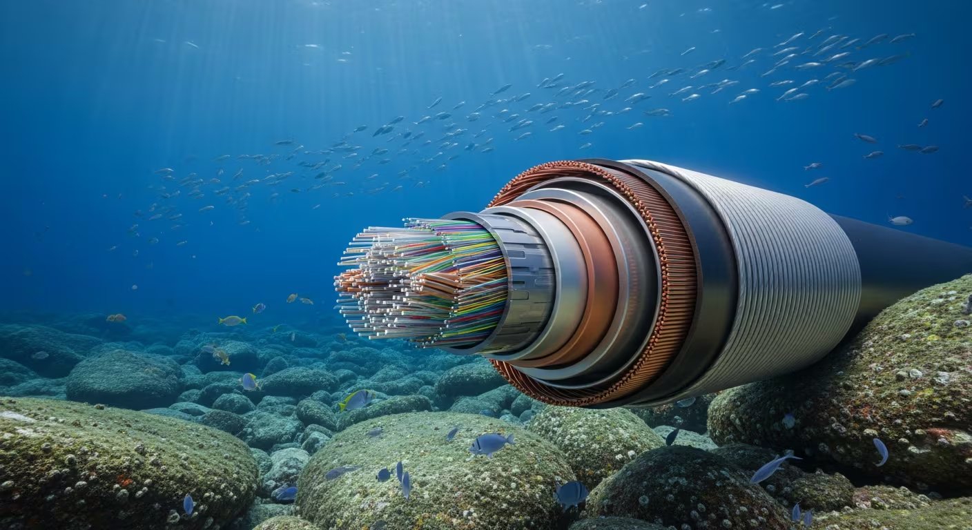 Un cable submarino de internet que muestra su sección transversal de fibras ópticas y capas protectoras descansa sobre un lecho marino rocoso con escuelas de peces nadando alrededor. (Imagen Ilustrativa Infobae)