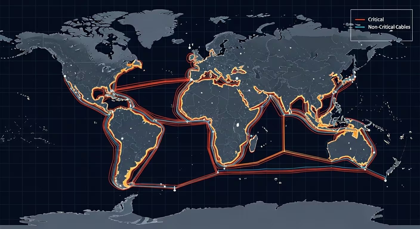 Un mapa global que ilustra las intrincadas rutas de los cables submarinos de internet, diferenciando claramente las conexiones críticas de las no críticas. (Imagen Ilustrativa Infobae)