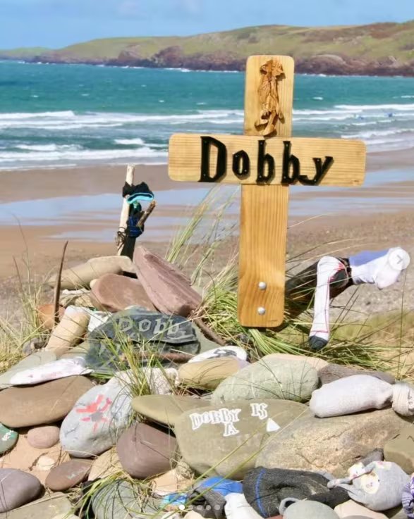 Fotografía de la tumba de Dobby en una playa de Gales. (Instagram)
