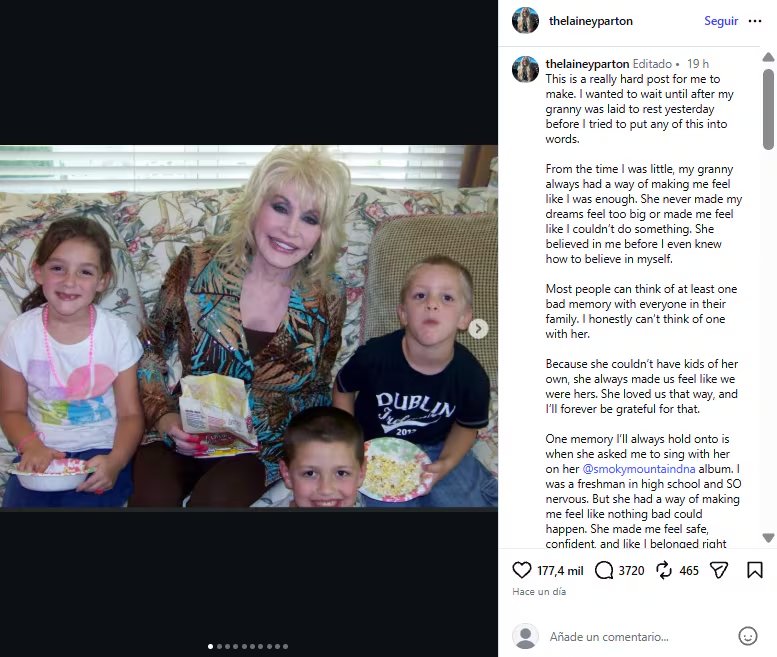 Lainey Parton, sobrina de Dolly, comunicó el entierro en redes sociales y publicó un mensaje de despedida a su tía abuela (Instagram/@thelaineyparton)