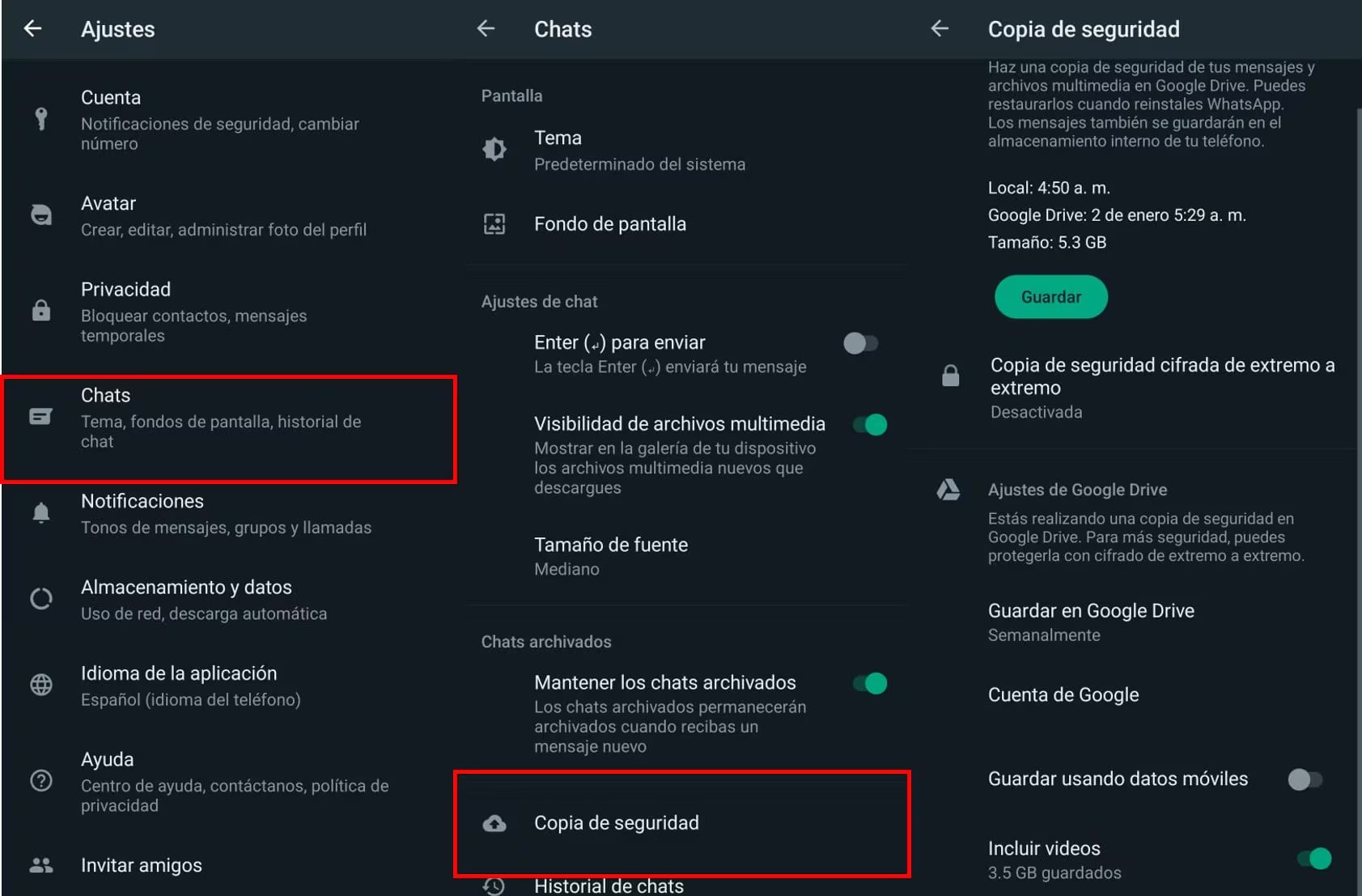 Pasos para generar una copia de seguridad en WhatsApp. (Infobae)