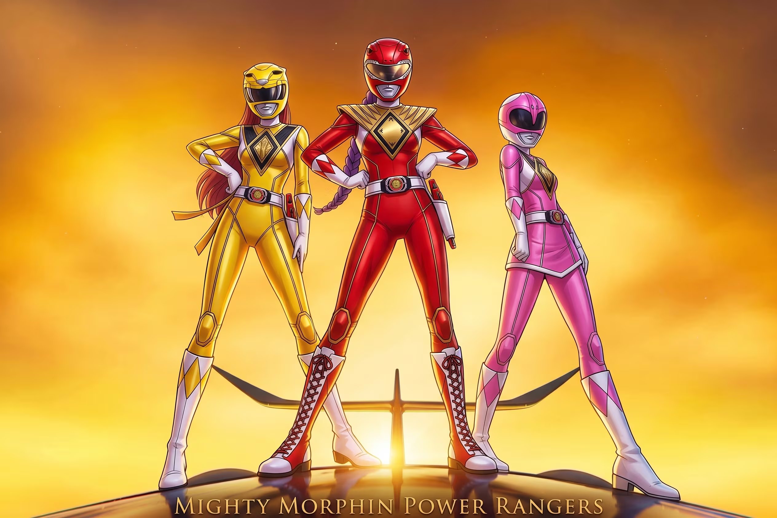 Así se ve una representación de Gemini de Las Guerreras K-pop como Power Rangers. (Fotocomposición Infobae)