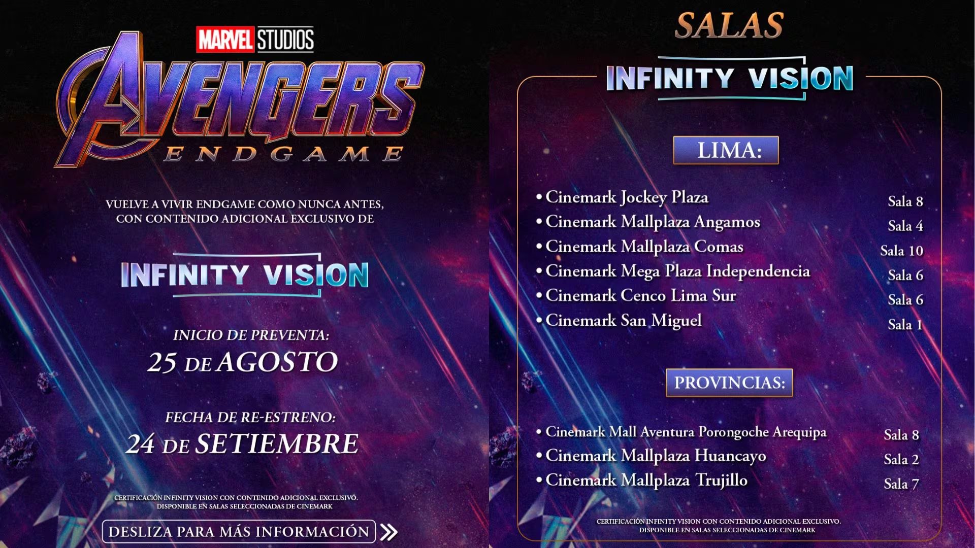 Un afiche publicitario de Cinemark en Perú anuncia el reestreno de la película Avengers Endgame para el 24 de septiembre, con preventa desde el 25 de agosto en salas seleccionadas.