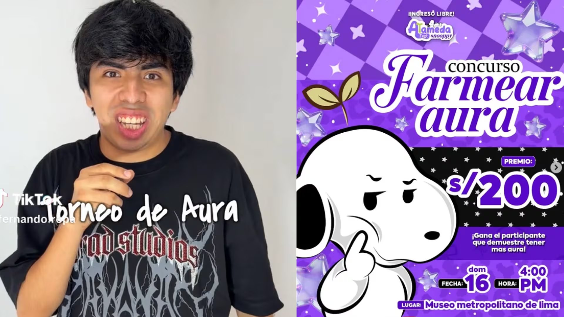 El influencer Fernando Ropa y Alameda Fest Snoopy organizan dos batallas de “farmear aura” este fin de semana en Lima, con premios de hasta S/200 para los ganadores. (Composición: Infobae Perú)