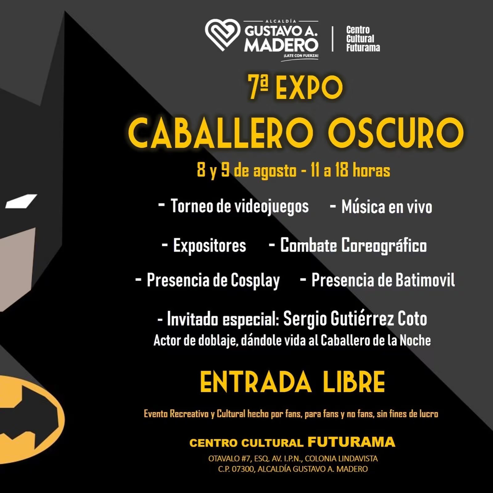 La Alcaldía Gustavo A. Madero y el Centro Cultural Futurama anuncian la séptima edición de la Expo Caballero Oscuro, un evento gratuito con actividades temáticas de Batman en Ciudad de México. (Centro Cultural Futurama/ Redes Sociales )