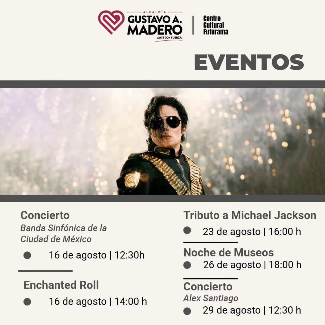 Un afiche digital detalla el listado de eventos de agosto del Centro Cultural Futurama, ubicado en la alcaldía Gustavo A. Madero de la Ciudad de México. (Centro Cultural Futurama/ Redes Sociales )