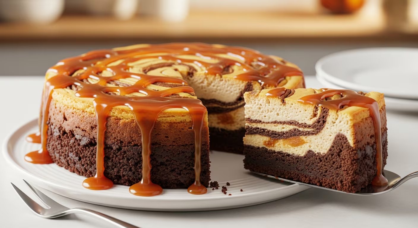 El postre se deja enfriar, se refrigera antes de cortar y así se logran porciones definidas con capas firmes en el brownie cheesecake con caramelo. (Imagen Ilustrativa Infobae)
