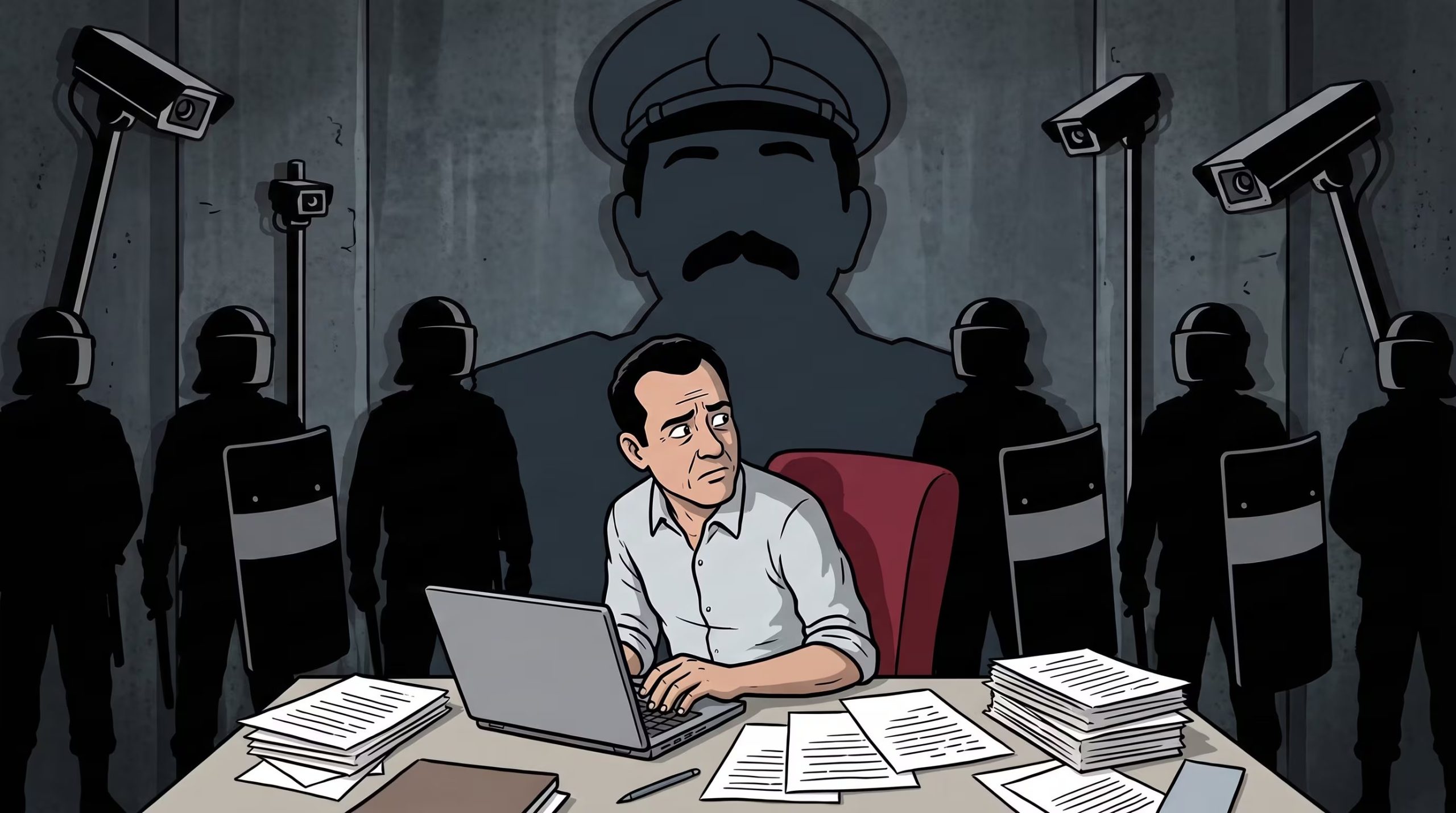 Un hombre trabaja en su computadora bajo la sombra de Daniel Ortega, vigilado por cámaras de seguridad y siluetas de agentes policiales. (Imagen Ilustrativa Infobae)