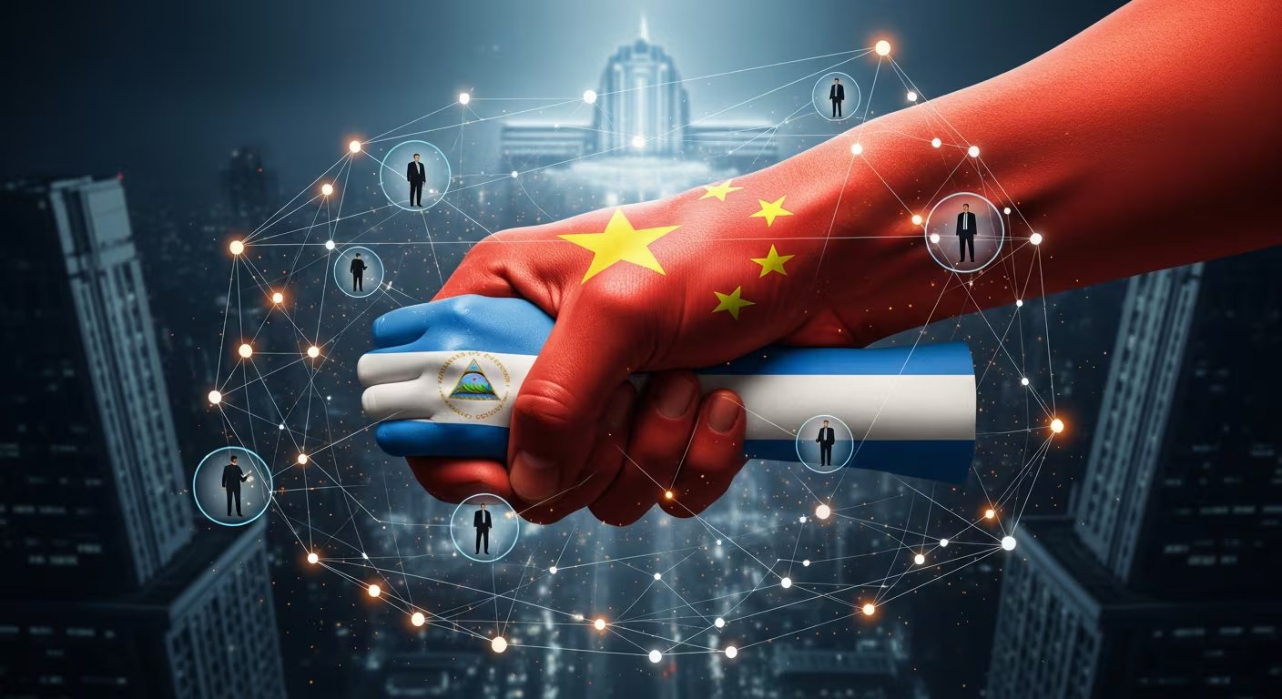 Una mano con la bandera china sujeta firmemente la bandera de Nicaragua, simbolizando una red de control y cooperación con figuras de élite sobre un fondo urbano. (Imagen Ilustrativa Infobae)