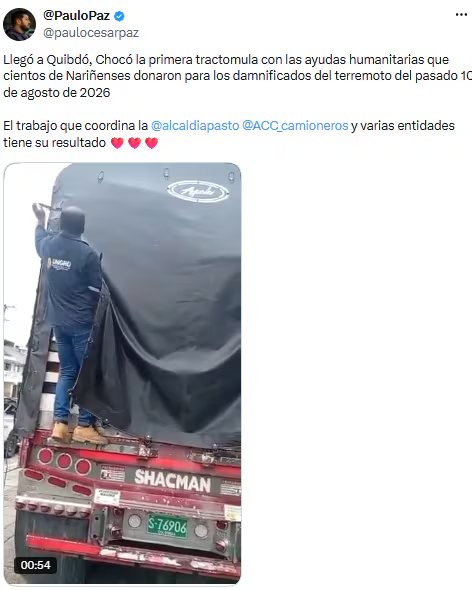 Quibdó recibe insumos clave tras operación conjunta que movilizó 21 camiones desde Medellín - crédito @paulocesarpaz/X