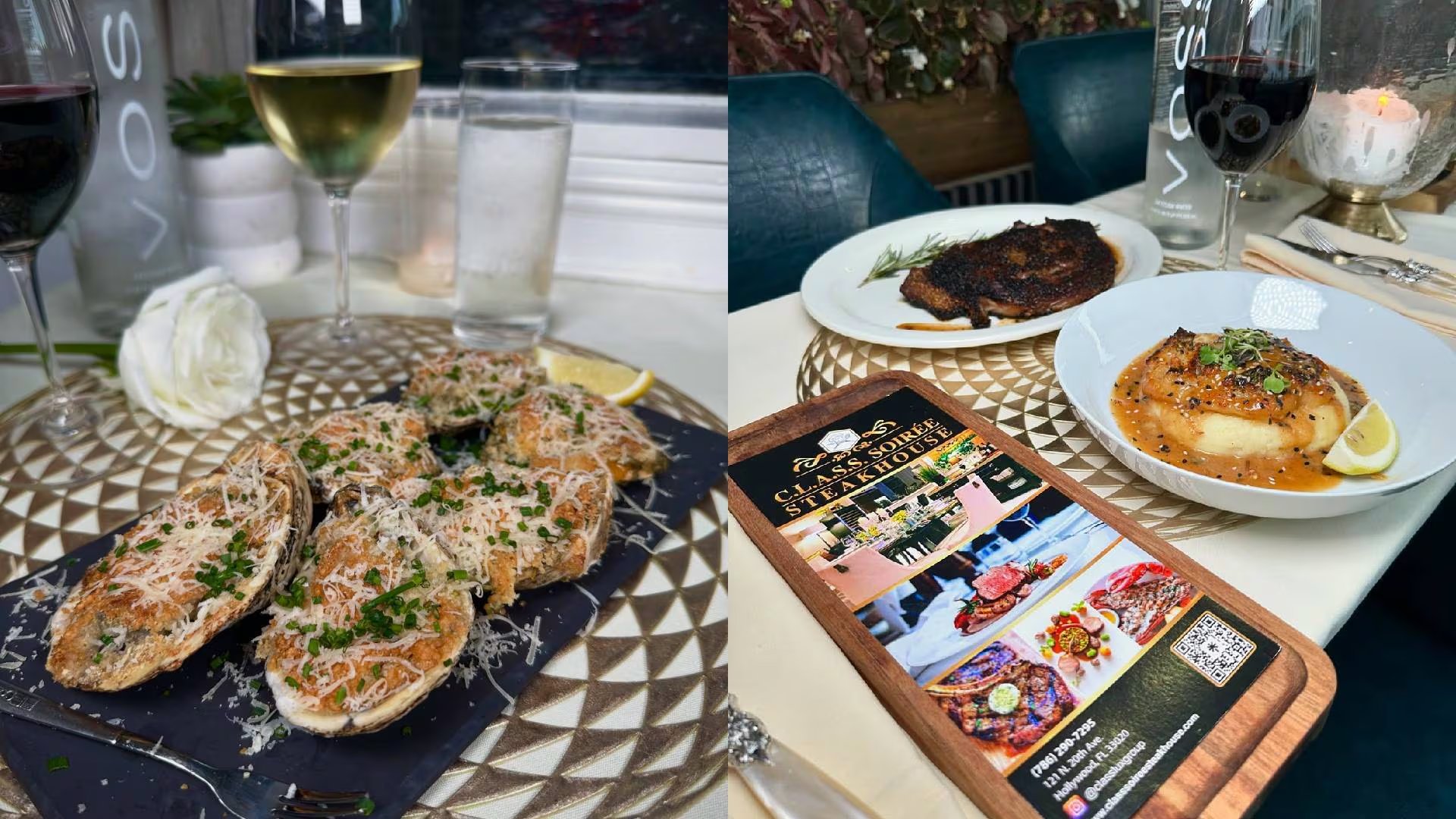 Una mesa de restaurante presenta entradas de mariscos gratinados, un corte de carne, un puré con salsa y un menú de C.L.A.S.S. Soirée Steakhouse, junto a copas de vino ( C.L.A.S.S. Soiree Steakhouse)