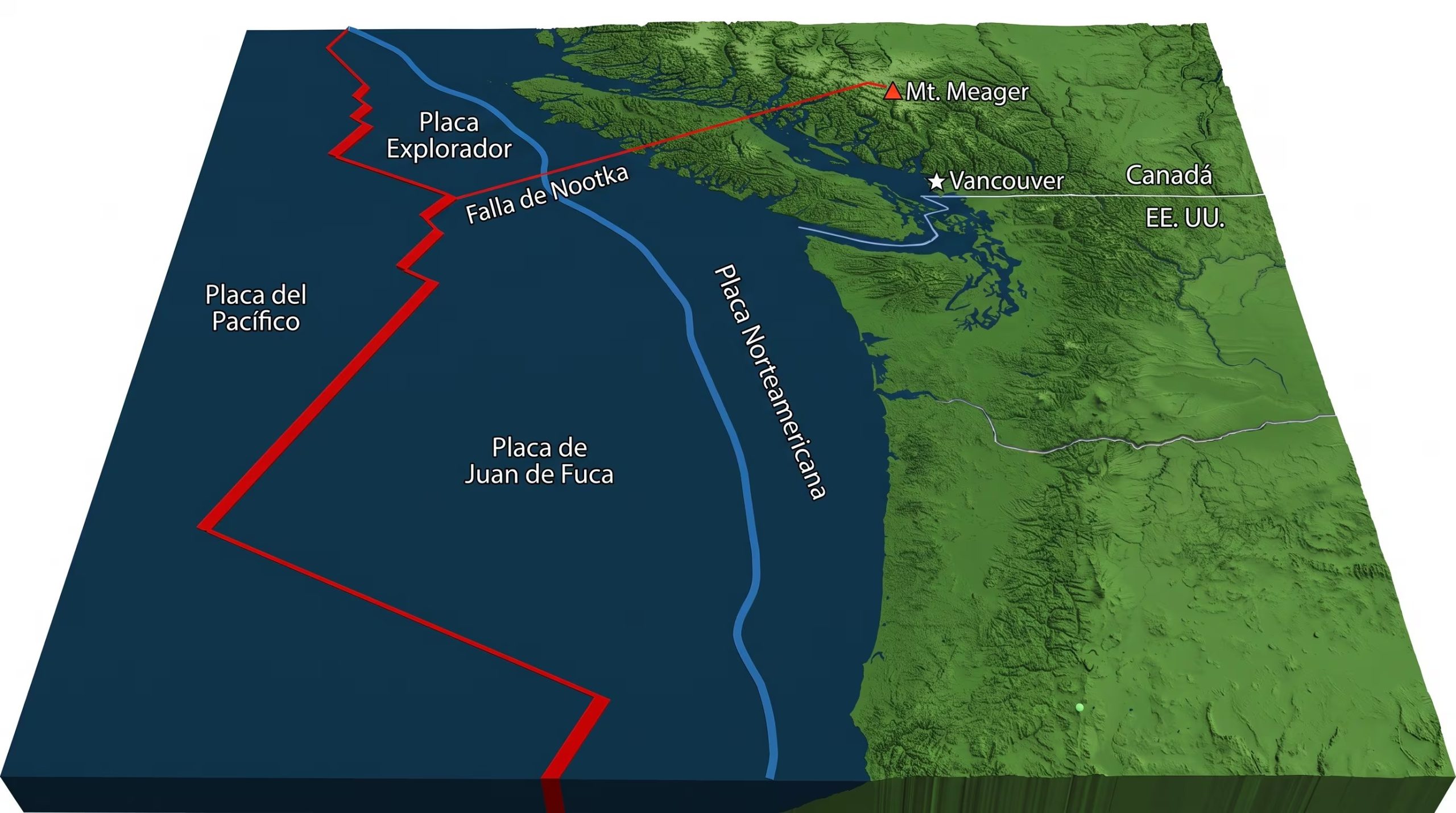La zona de subducción de Cascadia se fragmenta de manera progresiva mientras las placas Juan de Fuca y del Explorador continúan hundiéndose bajo la placa Norteamericana (Imagen Ilustrativa Infobae)