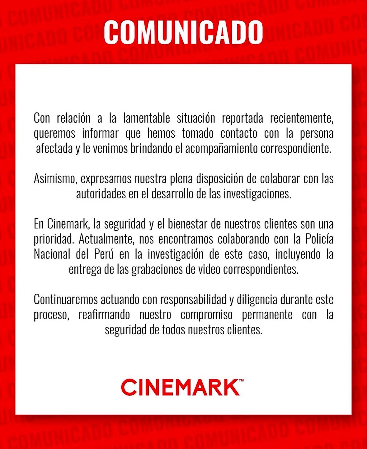 Cinemark San Miguel responde tras denuncia por ingreso de hombre en baño de mujeres| Foto: Comunciado de Cinemark