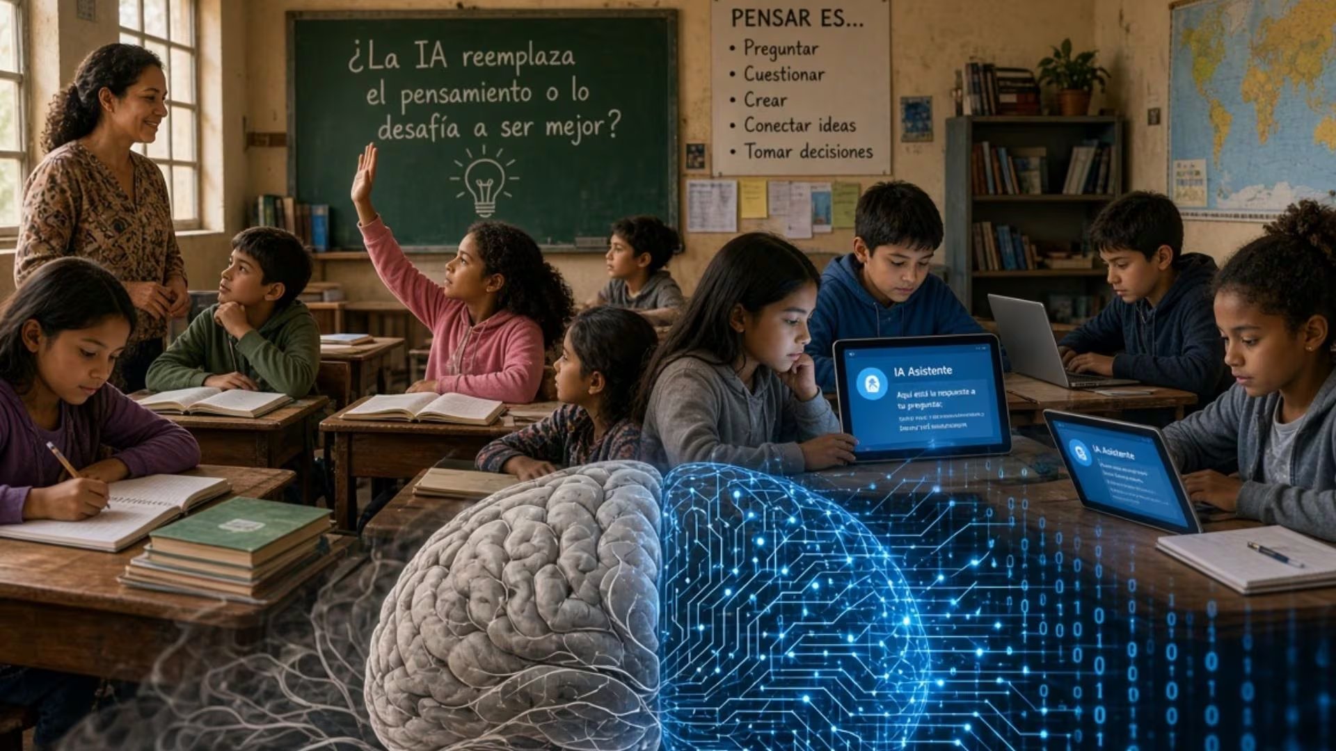 Estudiantes y una docente abordan el uso de la inteligencia artificial durante una clase equipada con computadoras y tabletas. (Imagen Ilustrativa Infobae)