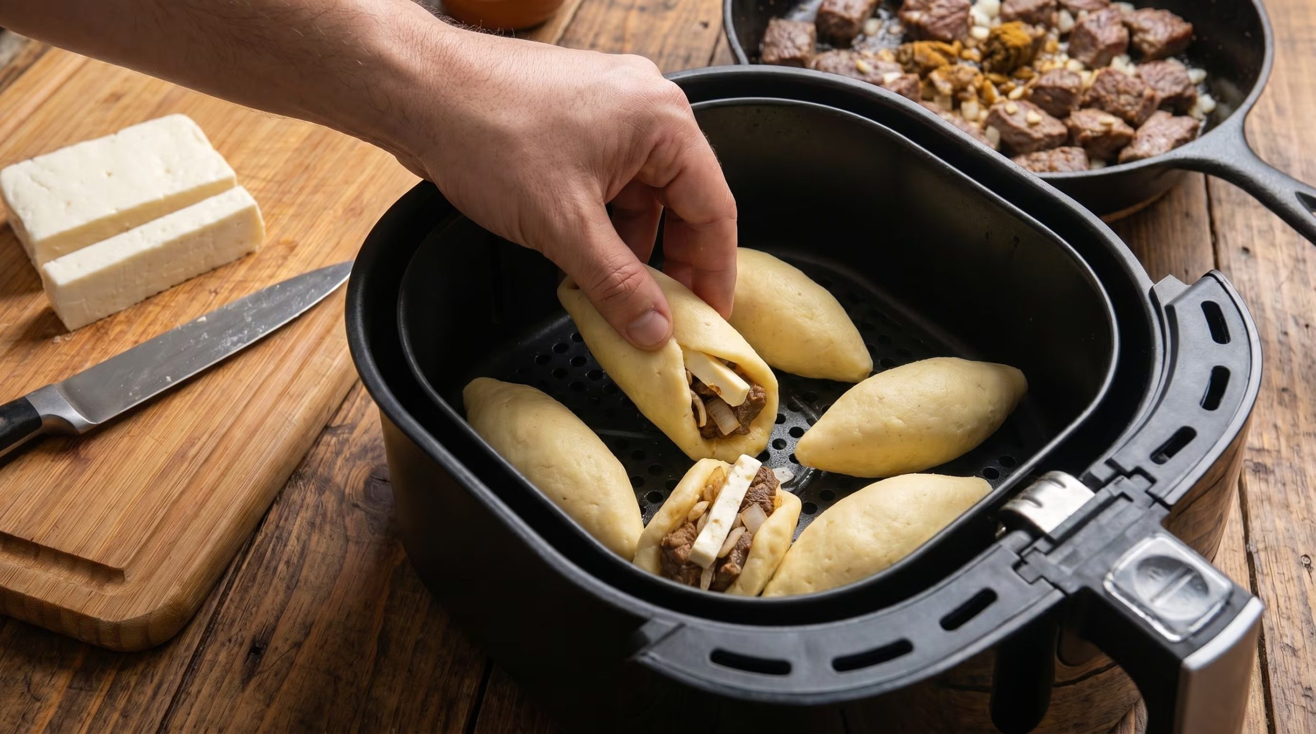 Una mano coloca cuidadosamente carimañolas crudas rellenas con carne y queso dentro de una freidora de aire, preparándolas para una cocción más saludable. (Imagen Ilustrativa Infobae)