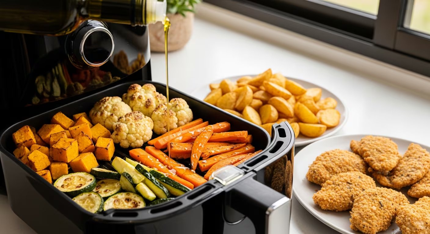 Una escena luminosa en una cocina moderna muestra una freidora de aire abierta con verduras como calabaza, coliflor, zanahoria y calabacín, junto a papas y pollo preparados de forma saludable. (Imagen Ilustrativa Infobae)