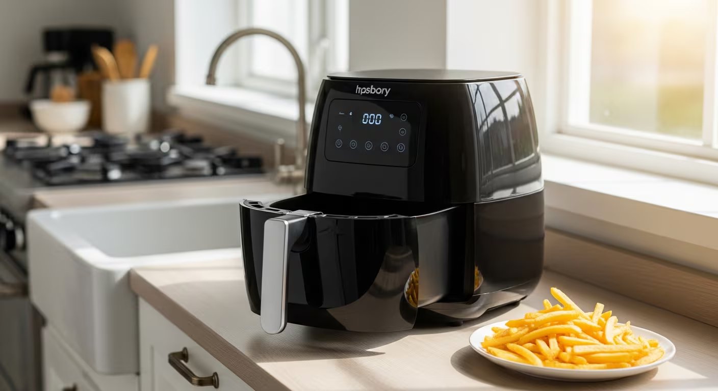 Una moderna freidora de aire con panel digital se encuentra en la encimera de una cocina luminosa, acompañada de un plato de papas fritas doradas. (Imagen Ilustrativa Infobae)