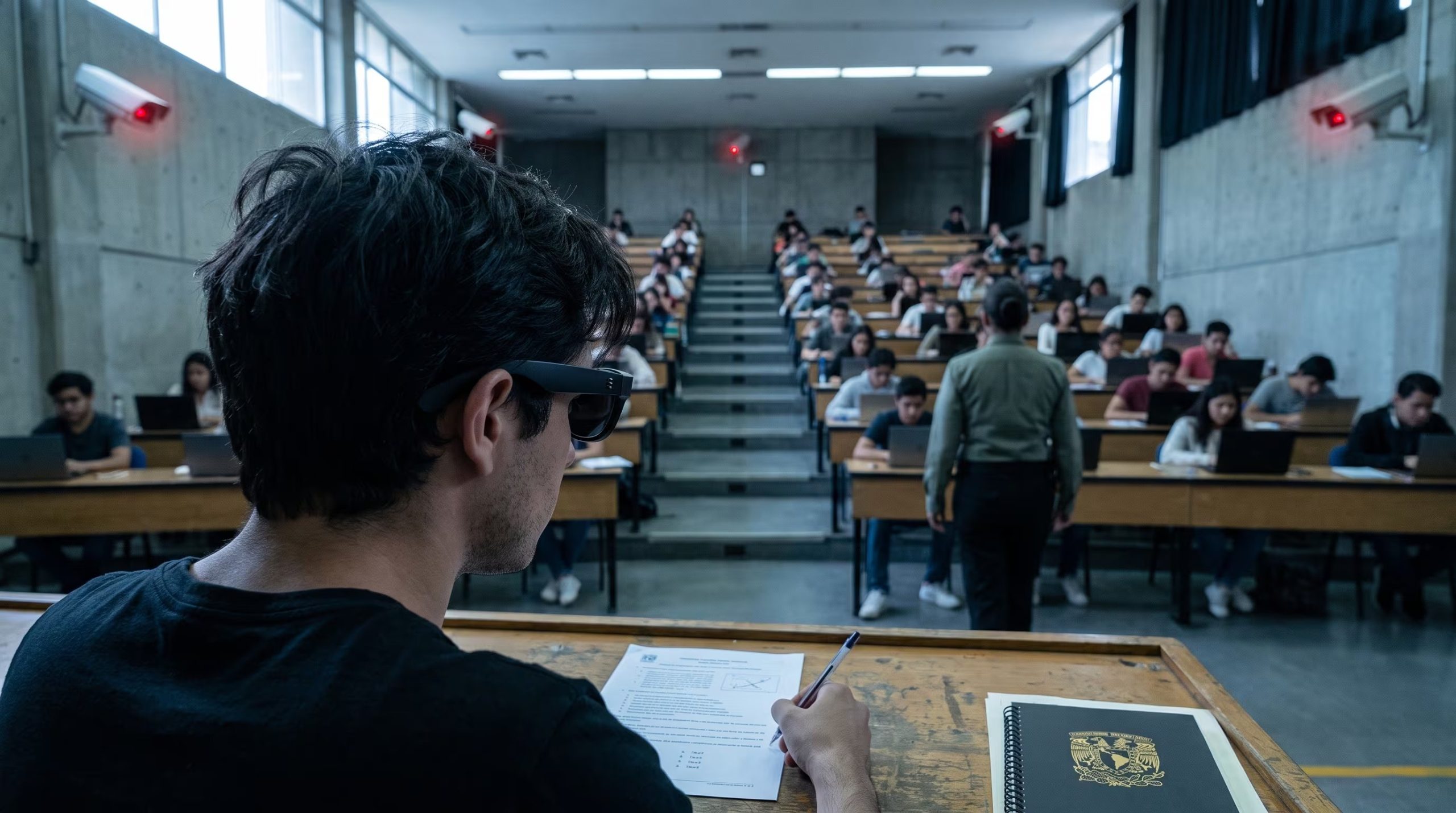 Un estudiante con lentes inteligentes rinde un examen en un aula universitaria que muestra cámaras de vigilancia en las paredes y un supervisor observando a los alumnos. (Imagen Ilustrativa Infobae)