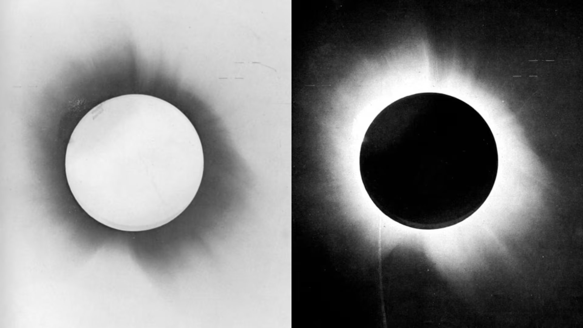 Negativo y positivo del eclipse de Sol de 1919, obtenido por Sir Arthur Eddington en la expedición (Wikimedia Commons, Philosophical Transactions of the Royal Society of London)