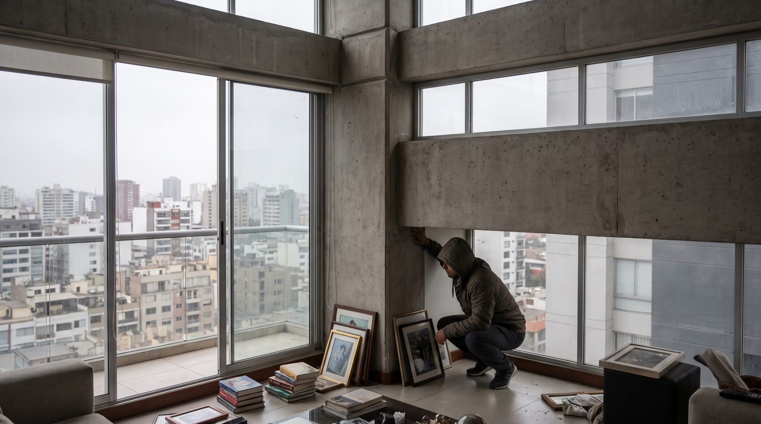 Un hombre se resguarda en la unión de vigas y columnas de un departamento en Lima, siguiendo recomendaciones de seguridad ante un sismo. (Imagen Ilustrativa Infobae)