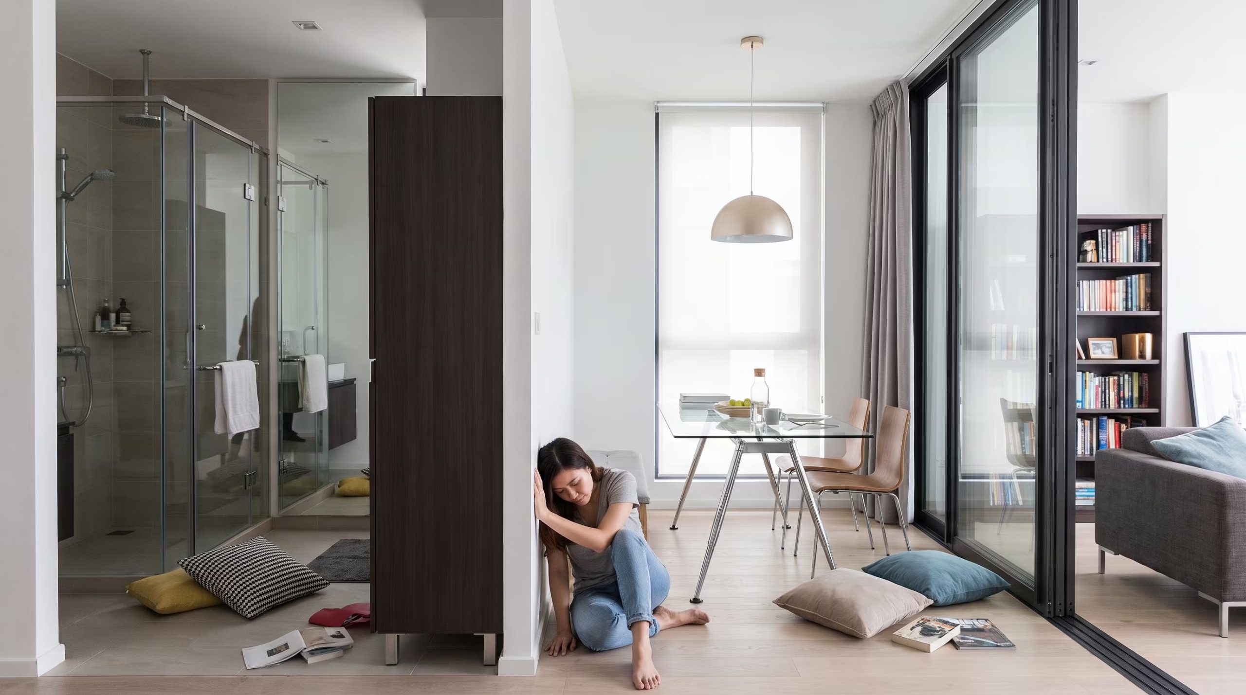 Una mujer se sienta en el suelo de un apartamento, cerca de una columna, una posición recomendada durante un sismo en edificios de gran altura en Lima, Perú. (Imagen Ilustrativa Infobae)