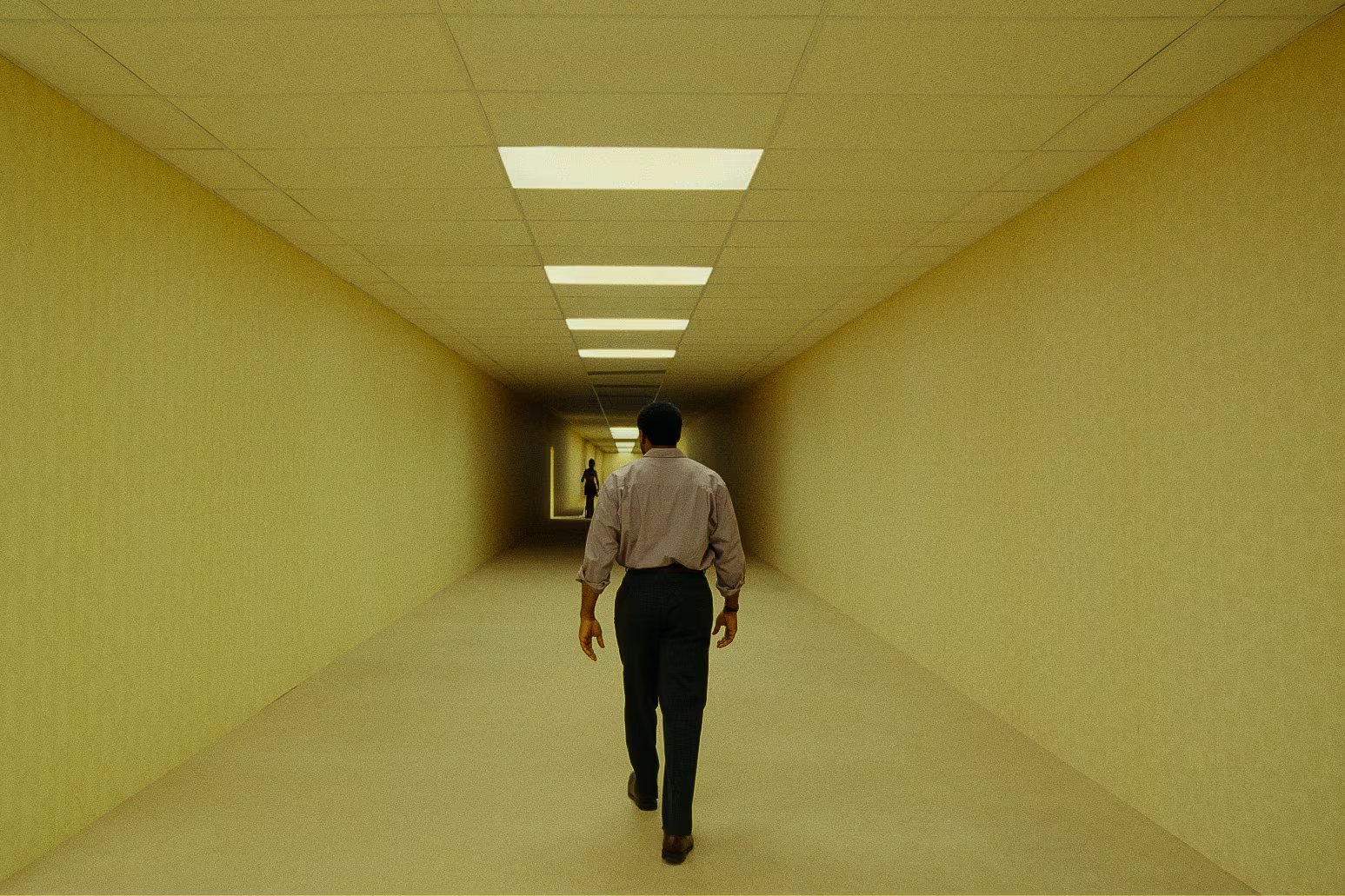 Los espacios liminales, como escuelas abandonadas, shoppings vacíos y pasillos, sostienen la incomodidad que define el miedo en Backrooms (A24)