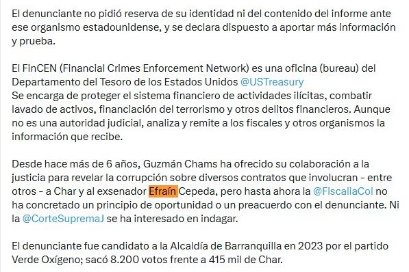 La denuncia enviada al Tesoro estadounidense se apoya en un historial previo de aportes ante la justicia colombiana. Guzmán Chams ha dicho desde 2020 que en el contrato del mega tanque debió entregar $2.300 millones a Char - crédito @Melquisedec70/X