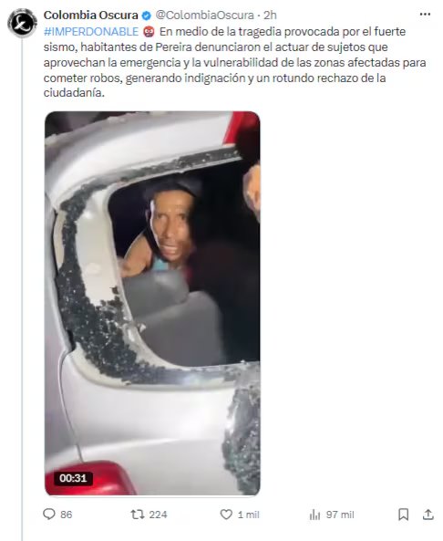 Pereira: angustia y delitos tras el fuerte sismo del 10 de agosto - crédito @ColombiaOscura/X