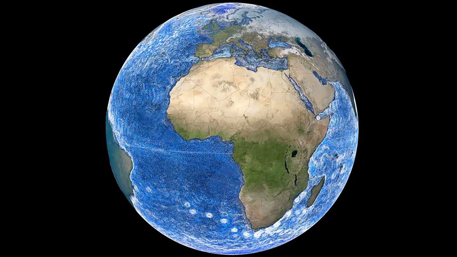 Puntos blancos representan el flujo de Agulhas, el agua cálida del Índico que rodea Sudáfrica hacia el Atlántico, cuyo rol en la circulación oceánica global ahora es cuestionado por nueva evidencia geológica./ NASA