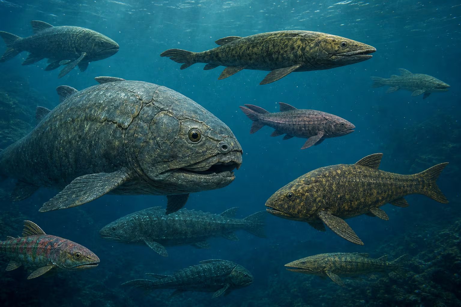 Diversas especies de peces prehistóricos de distintos tamaños nadan en las profundidades del océano. (Imagen Ilustrativa Infobae)