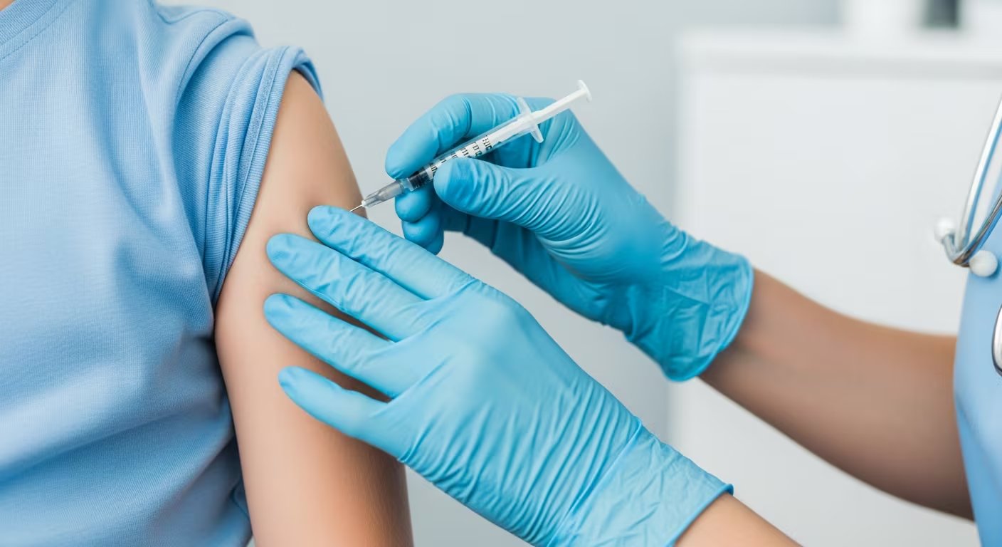 Un niño con camiseta azul recibe una vacuna en el brazo de una enfermera que utiliza guantes y una jeringa, en un entorno clínico de fondo gris claro. (Imagen Ilustrativa Infobae)