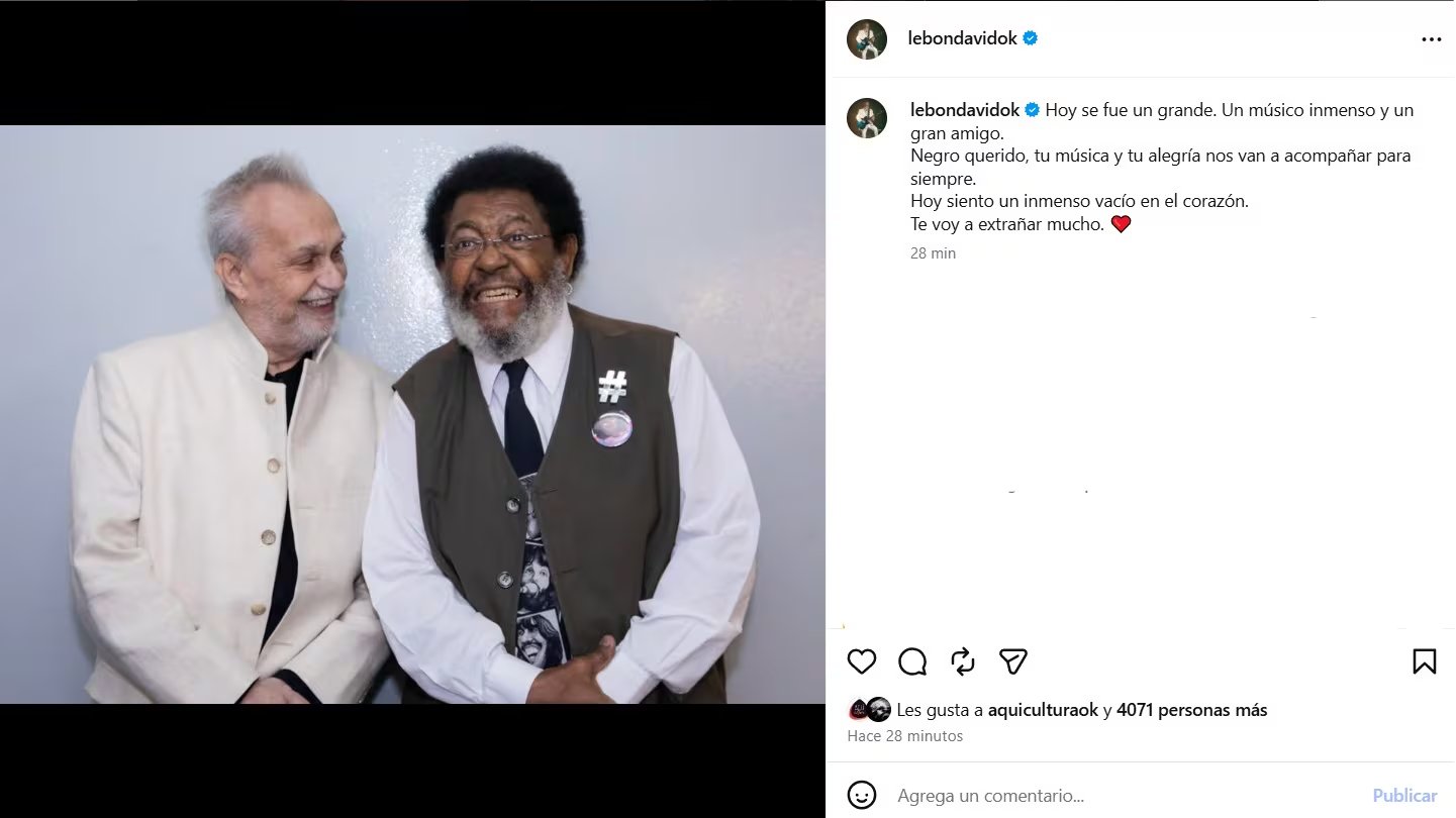 David Lebón definió a Rubén Rada como un gran músico y un gran amigo, y afirmó que su música y su alegría los acompañarán para siempre