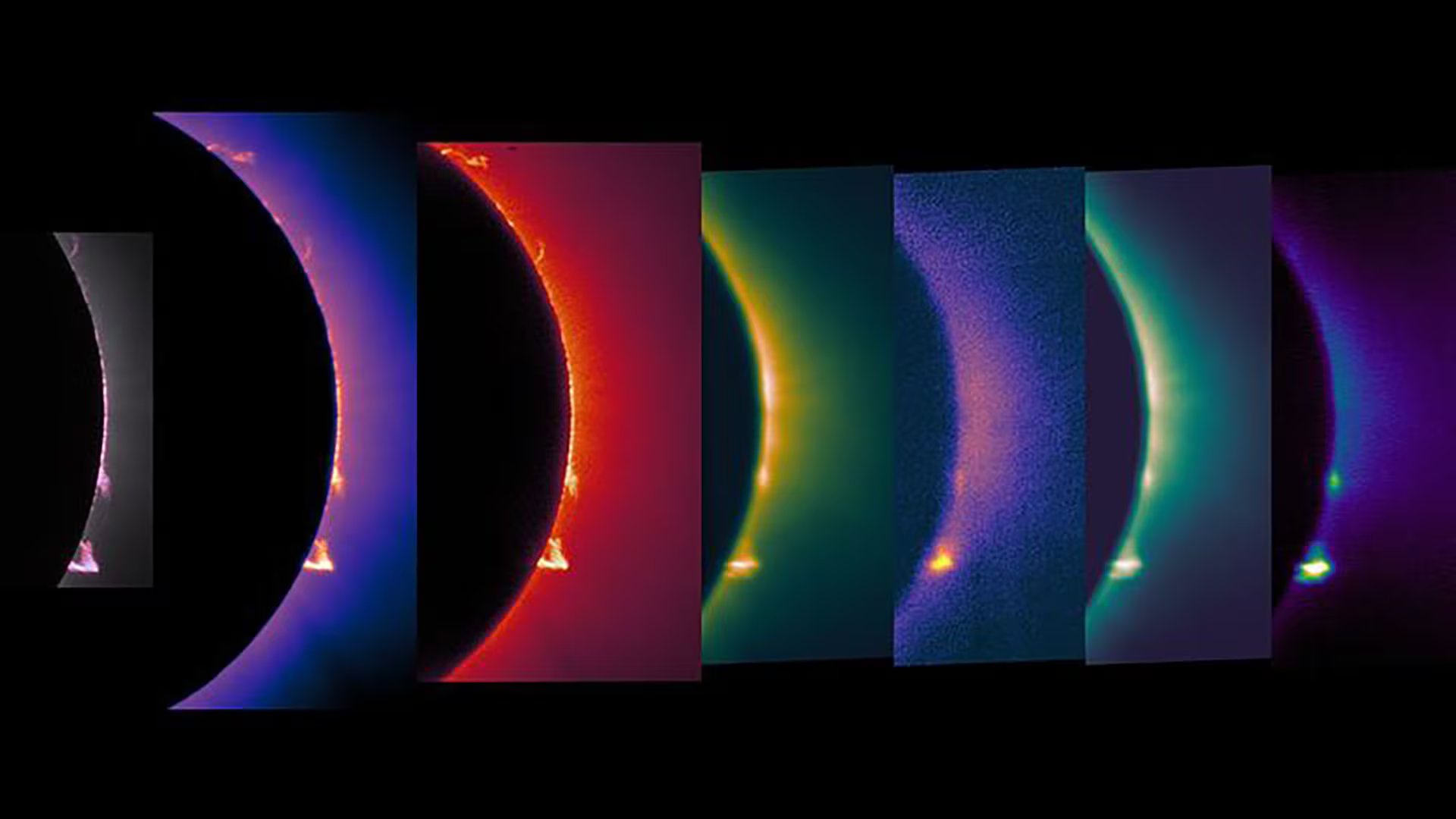 Estas imágenes de la corona y las protuberancias solares fueron captadas por instrumentos generadores de imágenes a bordo de un avión WB-57 de la NASA durante el eclipse solar total del 8 de abril de 2024 (NASA)