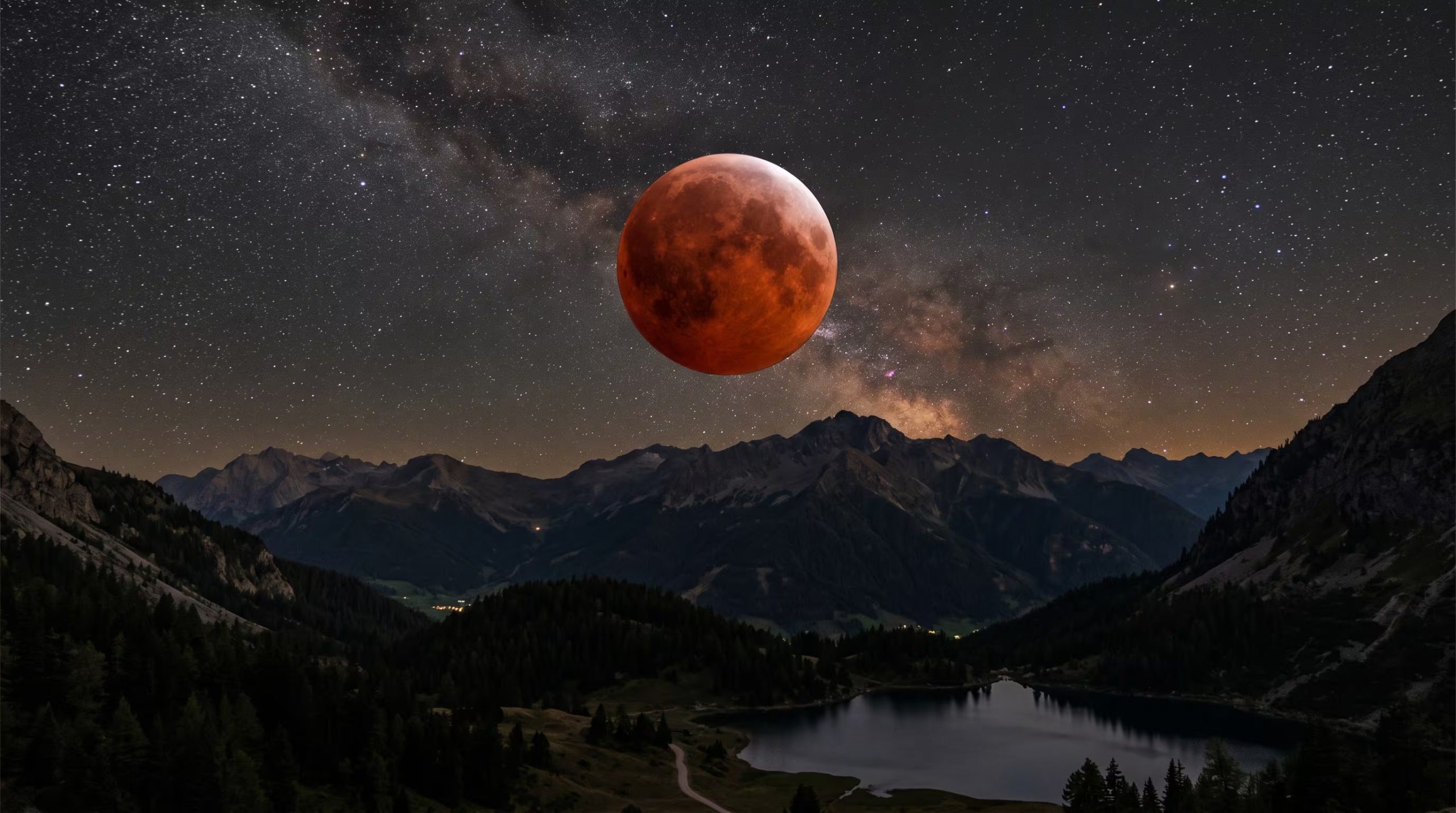 Un eclipse lunar tiñe el satélite de tonos rojizos sobre un valle montañoso iluminado por la Vía Láctea. (Imagen Ilustrativa Infobae)