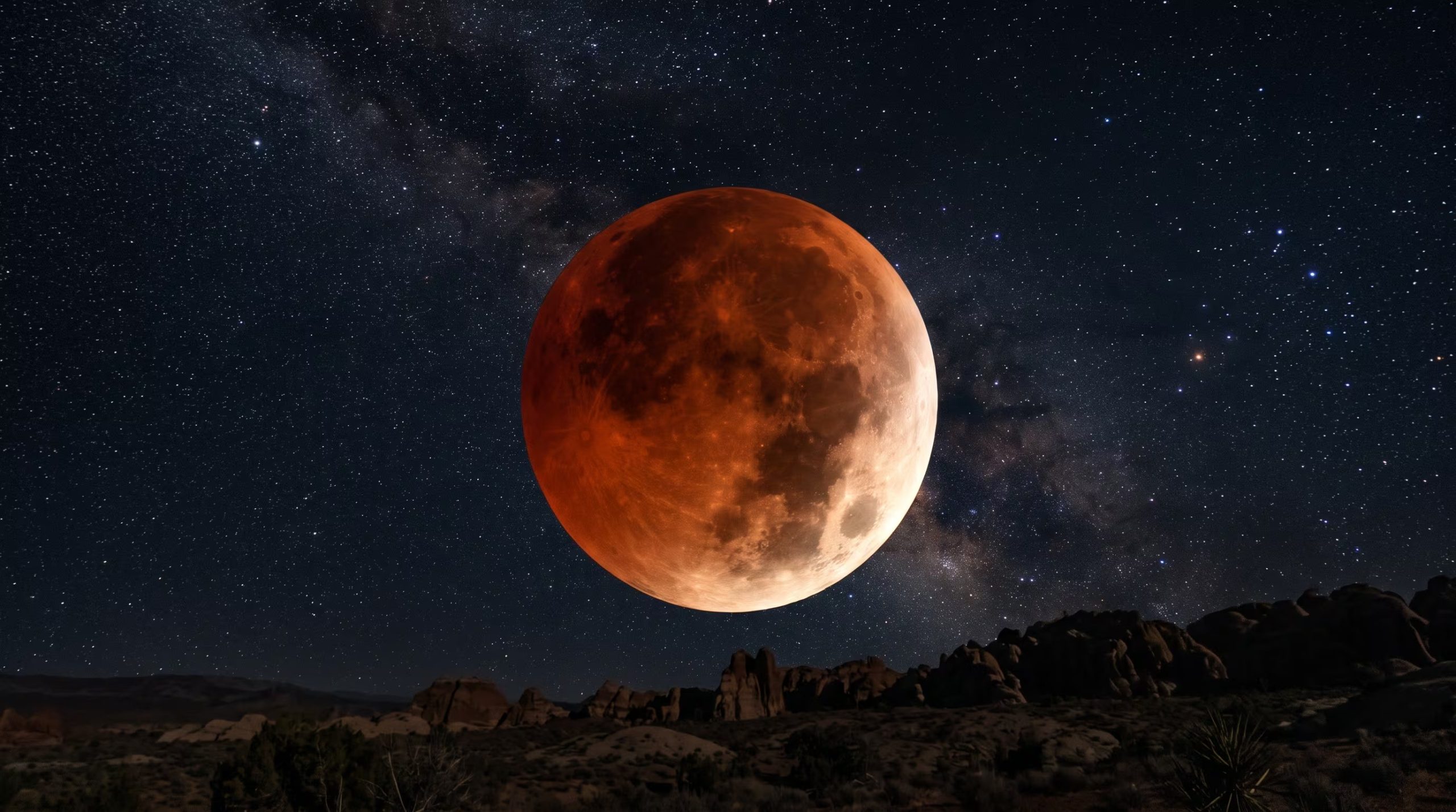 Un eclipse lunar parcial muestra la Luna con tonos rojizos sobre un paisaje rocoso y un cielo estrellado. (Imagen Ilustrativa Infobae)