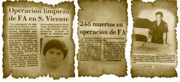 Fragmentos de prensa de 1982 reportan la “operación limpieza” de la Fuerza Armada en San Vicente y el saldo oficial de 248 muertos, reflejando cómo se comunicó la masacre de El Calabozo en medios de la época (Cortesía: Re-Cordis CNB-CONABÚSQUEDA).