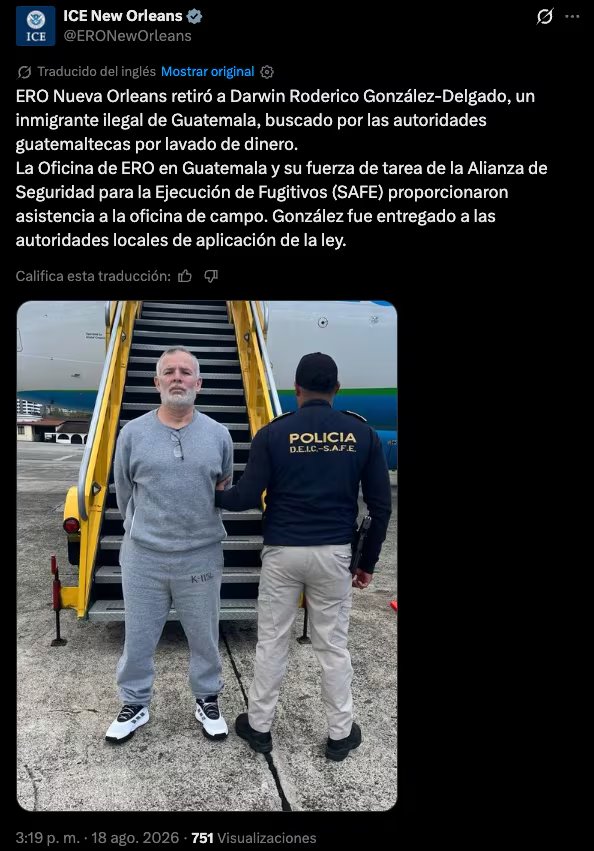 ICE detuvo en Nueva Orleans a “El Capi” y lo entregó a la Policía Nacional Civil en el aeropuerto de la capital guatemalteca. (PNC de Guatemala)