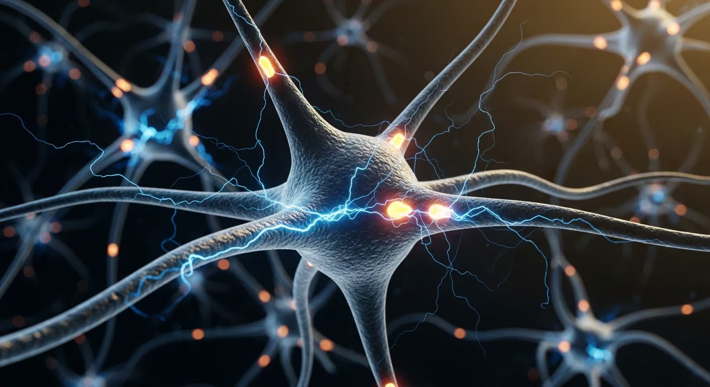Una vista macro hiperrealista en 3D muestra una red de neuronas humanas, con destellos eléctricos que resaltan las conexiones sinápticas cruciales para la comunicación neuronal y la formación de recuerdos. (Imagen Ilustrativa Infobae)